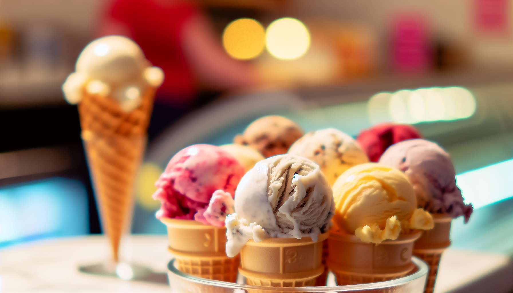 Variety of colorful ice cream scoops in cones
