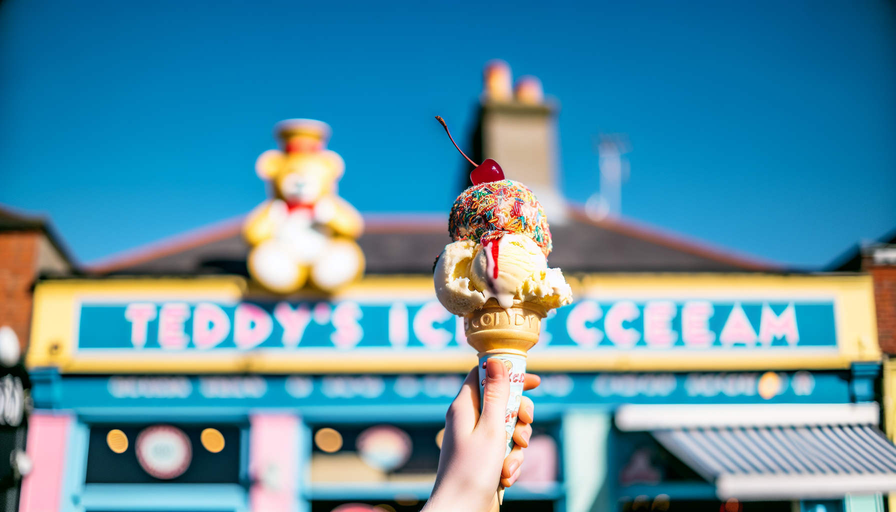Iconic Teddy's Ice Cream cone with toppings