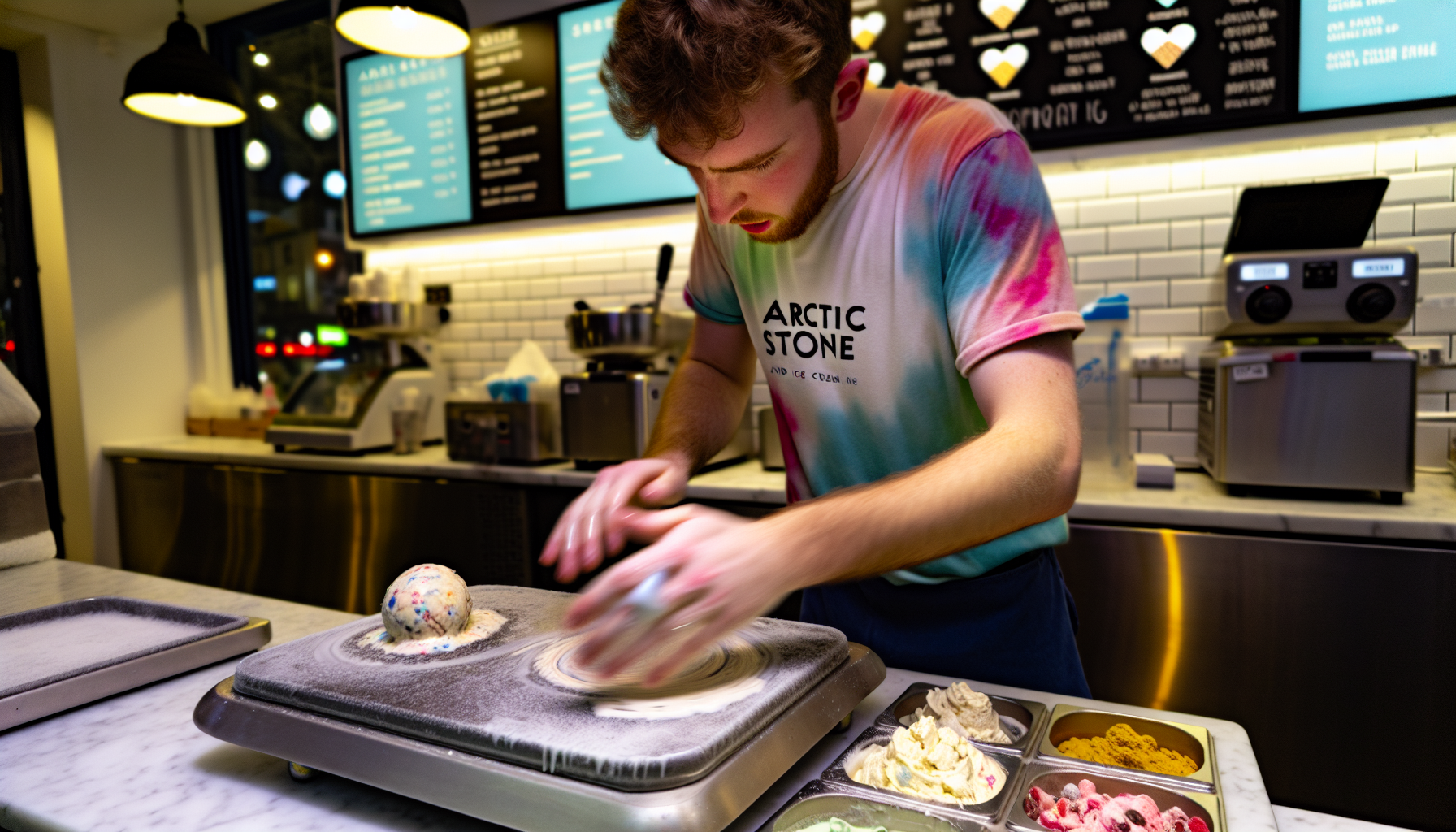 Hand-rolled ice cream being prepared on a cold plate